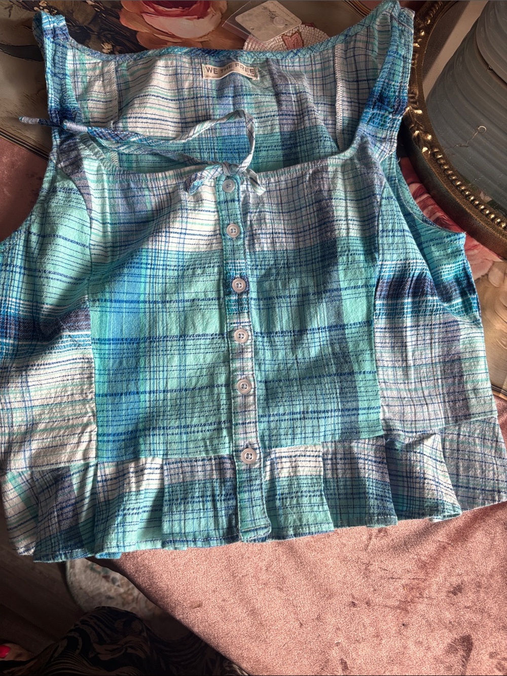 Free People Blue Green Plaid Button-Front Tank